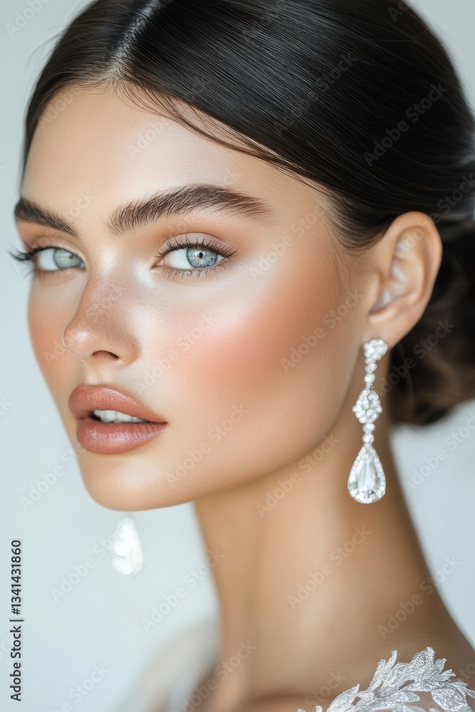 Elegant model showcasing stunning makeup and jewelry for a bridal photoshoot in a bright, softly lit environment Elegant model showcasing stunning makeup and jewelry for a bridal photoshoot in a bright, softly lit environment
