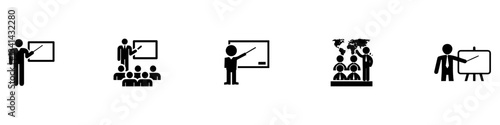 Education school classroom lecture icon set. Student learning online class study seminar college conference signs. Vector illustration for web and app. EPS 10
