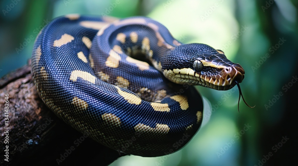 Detailed close-up of a black python with striking yellow spots coiled on branch Detailed close-up of a black python with striking yellow spots coiled on branch