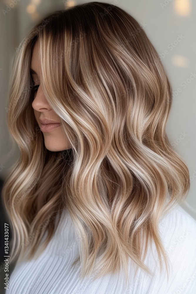 Naklejka premium Beautifully styled wavy hair with blonde highlights showcased in a close-up shot at a hair salon during daylight hours