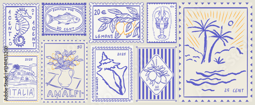 Scenes of Sicilia or amalfi. Sticker with lemons and fish. Vintage Italian print, wall art vector travel postcard stamp, summer engraving emblem, placard or poster. Retro frame border element design.