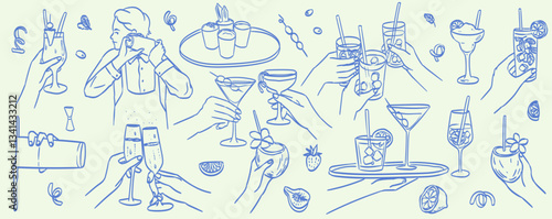 La dolce vita italian sicily style. Hand drawn ink line food and wine or champagne drawings. Sketch style lunch or dinner Illustrations for wedding invitations, cafe or restaurant menus and parties.