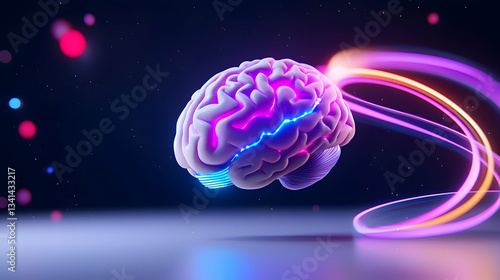 Colossal Floating Brain with Neon Lights and Swirling Energy