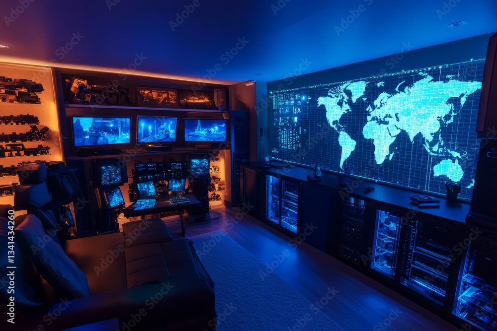 A sleek underground spy headquarters 3D background room with high-tech surveillance monitors, a massive digital world map, and sophisticated weapon storage hidden behind automated sliding panels. The