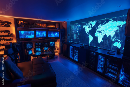 Obraz na płótnie A sleek underground spy headquarters 3D background room with high-tech surveillance monitors, a massive digital world map, and sophisticated weapon storage hidden behind automated sliding panels. The w salonie