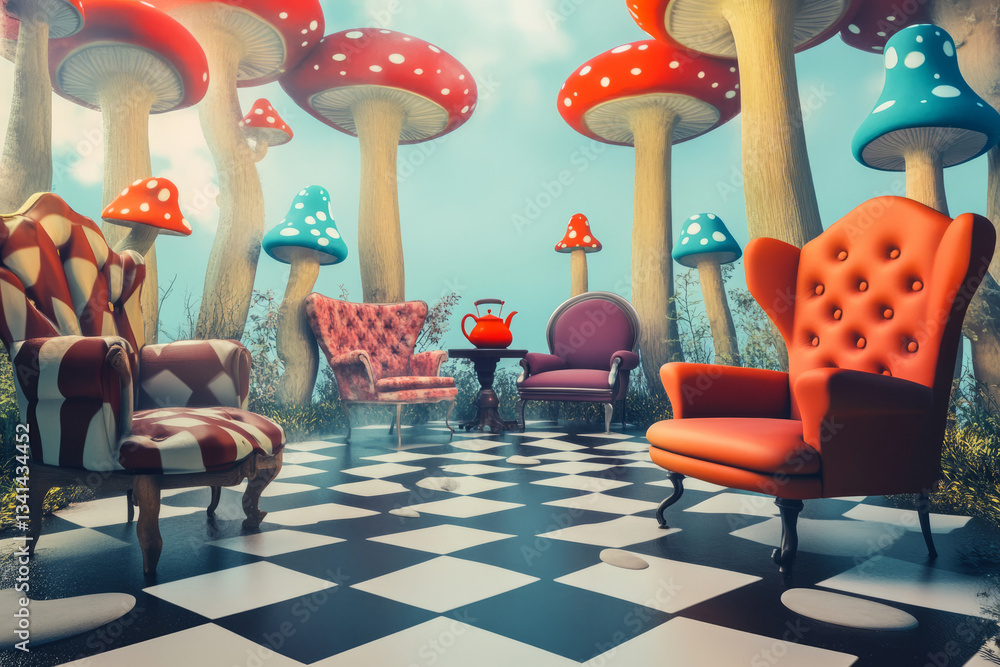 A whimsical Alice in Wonderland-inspired 3D background room with oversized furniture, floating teapots, and surreal checkerboard floors. Brightly colored mushrooms grow from the corners, adding a