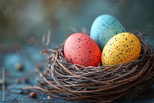 Multicolored Dyed Easter Eggs. Multicolored, dyed Easter eggs in a nest and wicker basket