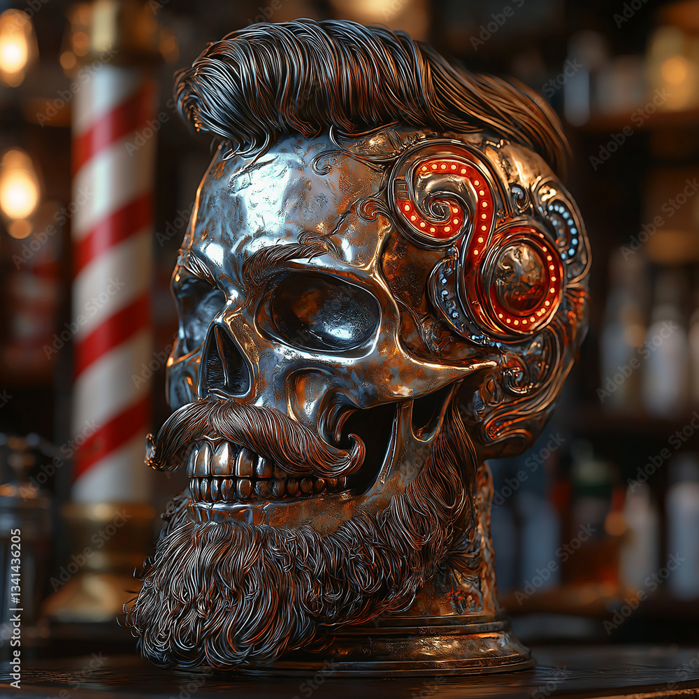 Obraz premium Metallischer Bartschädel mit Rockabilly-Frisur und dekorativer Verzierung im Barbershop Stil