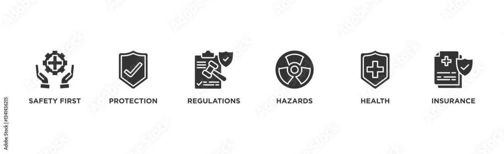 Fototapeta premium Work safety banner web icon illustration concept occupational safety and health at work with safety first, protection, regulations, hazards, health, and insurance