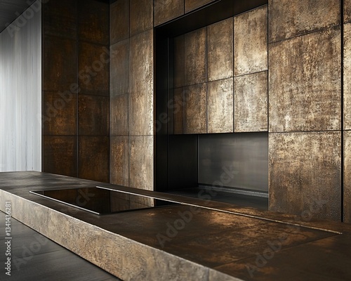 Modern copper kitchen interior with built-in appliances