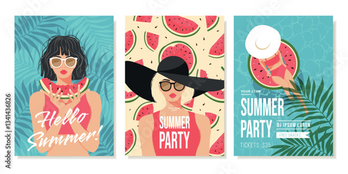 Summer Beach Party Invitation Templates. Vector Templates. Flat design of girls in swimming costumes in retro style.