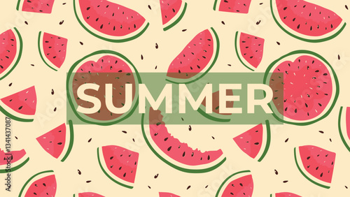 Summer Horizontal Banner with Watermelons on Beige Background. Hello Summer, Summertime Poster. Vector