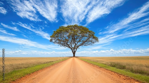 A bright blue sky above a small road with a huge tree growing in the center
