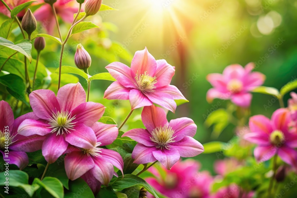 Exquisite Piilu Clematis: pink summer flower macro photography with a tilt-shift effect. Exquisite Piilu Clematis: pink summer flower macro photography with a tilt-shift effect.