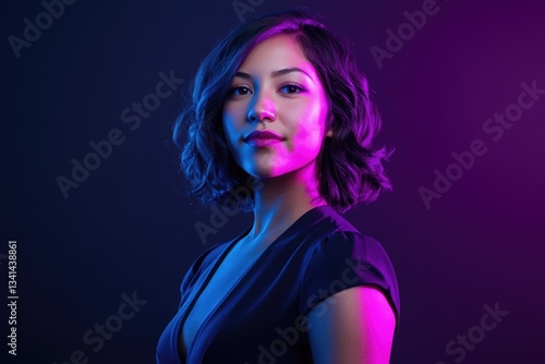 A young woman with short, wavy hair poses against a vibrant purple and blue background, exuding confidence and style.