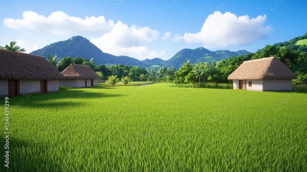 A serene rural landscape featuring thatched-roof houses surrounded by lush green rice fields and distant mountains under a bright blue sky. A serene rural landscape featuring thatched-roof houses surrounded by lush green rice fields and distant mountains under a bright blue sky.