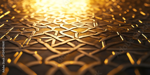 A luxurious 3D background featuring an intricate golden mosaic pattern reflecting soft ambient light. The rich textures and deep contrasts create an opulent and elegant design, ideal for premium
