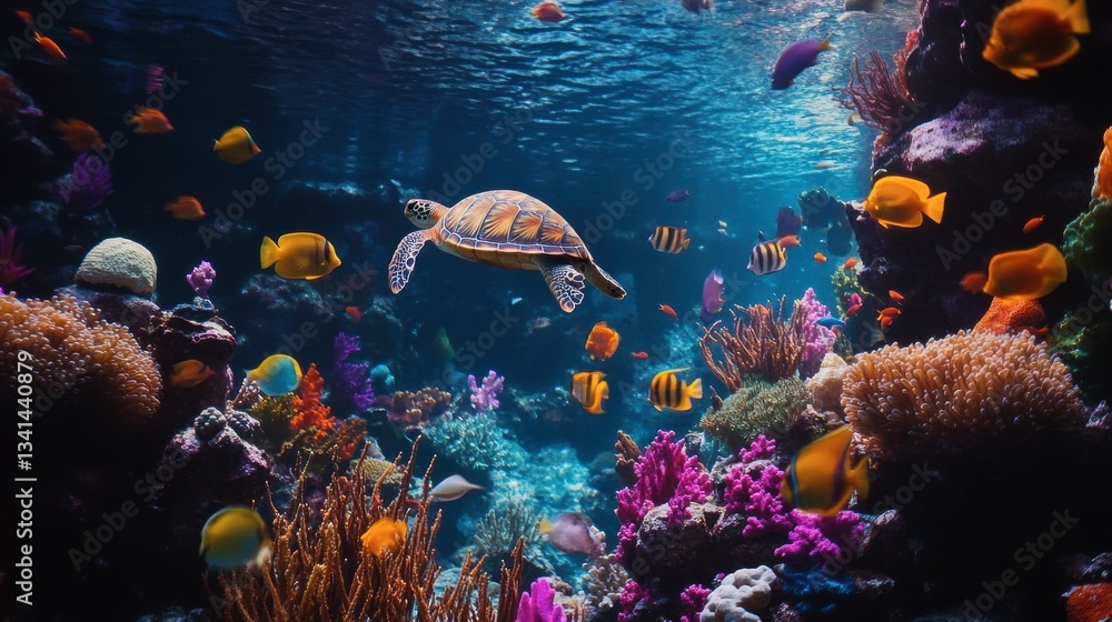 Fototapeta premium A peaceful turtle swimming near a coral reef, surrounded by colorful fish