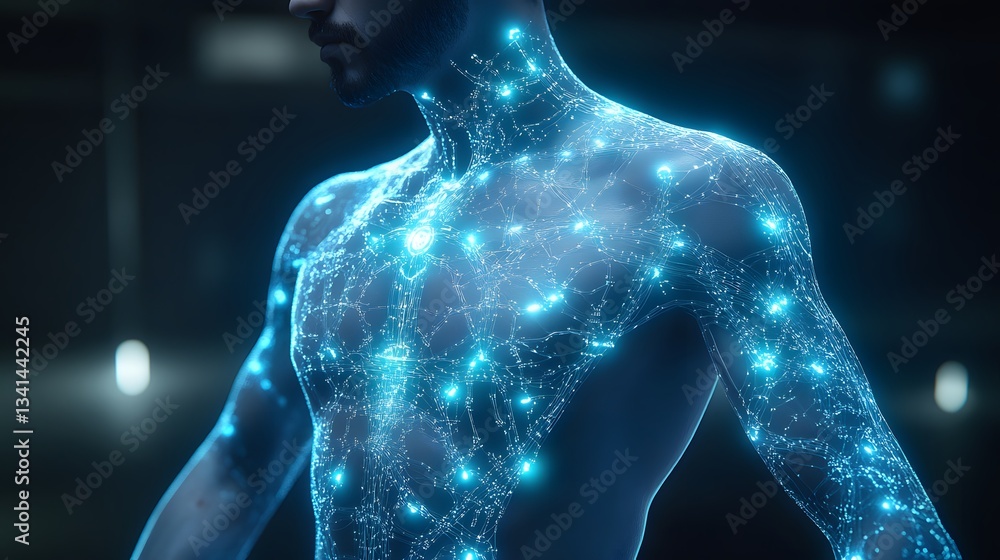A futuristic AI-powered tattoo artist designing dynamic, glowing cybernetic tattoos