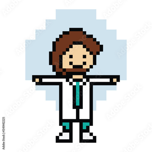 Cute pixel cartoon 8bit character man doctor or scientist game care for decoration pharmacist male doctor uniform in hospital 8 bit male pixel art game 8bit png vector.