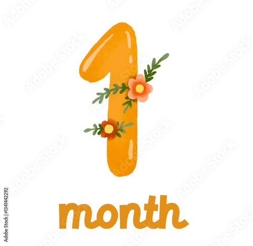 Number 1. Flower ornate one number monthly milestone card. Elegant blossom number, floral. Vector illustration.  Print baby shower, baby birthday. Kids birthday card.