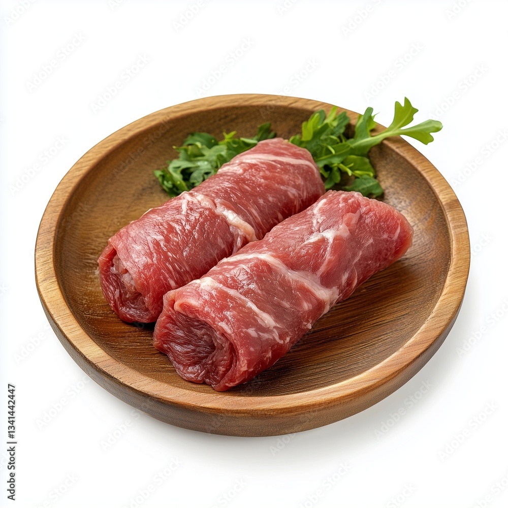 Beef meat roll un cook on wooden bowl isolated white Beef meat roll un cook on wooden bowl isolated white