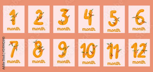 Baby shower print with spring flowers. Baby milestone cards with flowers and numbers for newborn girl or boy. Gender nutral. 1-12 months. First 1 year.  Baby month anniversary cards
