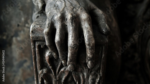 Crumbling Throne: A close-up of a hand gripping the armrest of an ancient throne, symbolizing power taken.