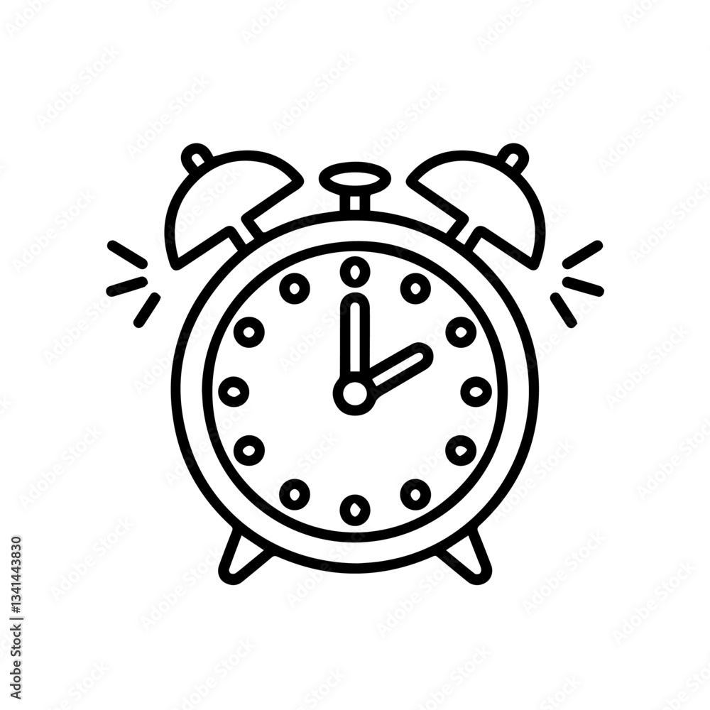 Black and white line art of a ringing alarm clock with two bells on top. The clock hands indicate time, and motion lines emphasize the ringing effect. Black and white line art of a ringing alarm clock with two bells on top. The clock hands indicate time, and motion lines emphasize the ringing effect.