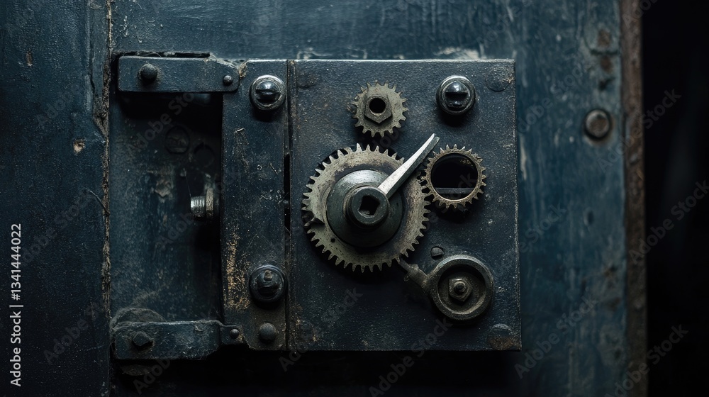 A door lock mechanism with exposed gears on a dark industrial background A door lock mechanism with exposed gears on a dark industrial background