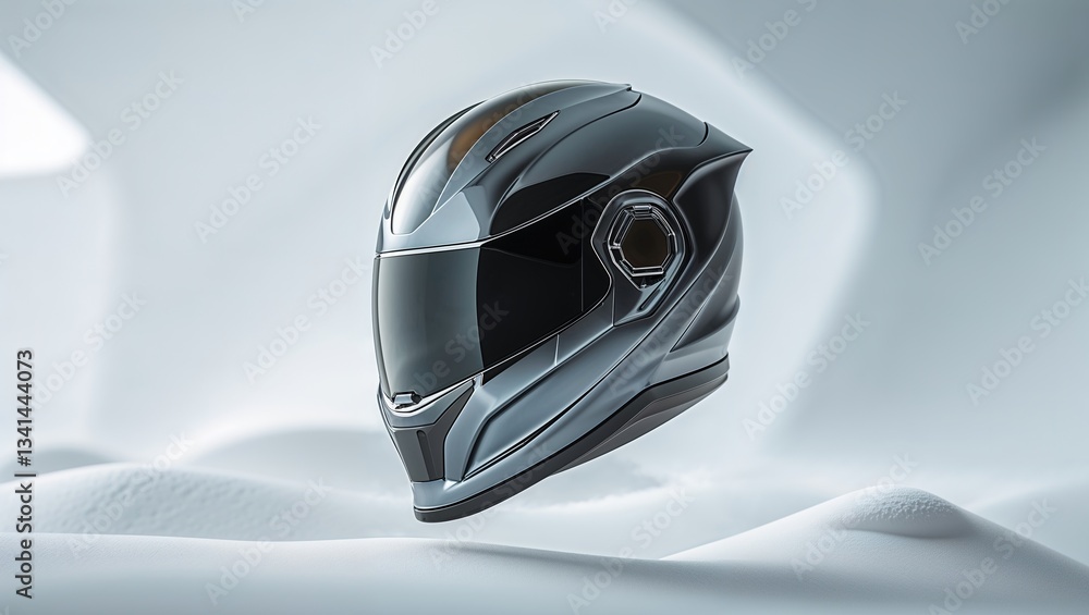 Fototapeta premium A unique minimalist helmet rests in a serene snowy setting, highlighting its aerodynamic shape and glossy finish. The reflective surface adds depth while creating an intriguing focal point