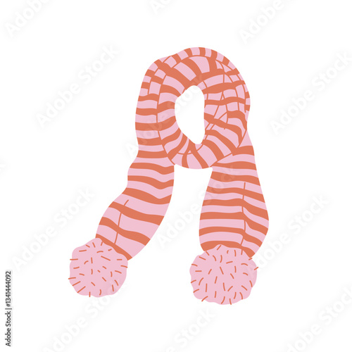 Vector illustration of a pink scarf with stripes and pom pom ends, on a white background. The design highlights a cozy, fashionable approach to winter accessories.