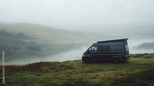 Campervan Adventure Parking on Grassy Hillside with Foggy Mountain View