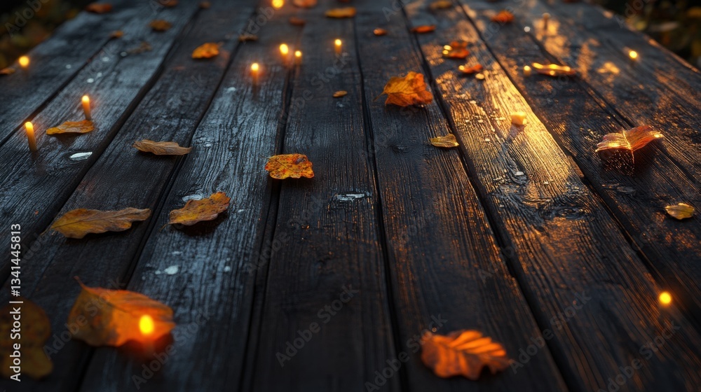 Wooden planks feature rustic texture and seasonal patina enhanced by fallen leaves and candlelight reflections in an autumn setting during evening hours Wooden planks feature rustic texture and seasonal patina enhanced by fallen leaves and candlelight reflections in an autumn setting during evening hours