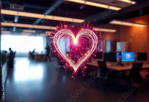 Abstract digital heart formed by glowing lines and sparkles, modern office background, data,  texture