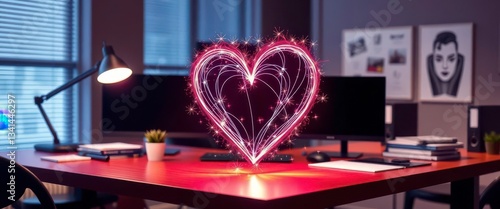 Abstract digital heart formed by glowing lines and sparkles on office desk, inspiration, business