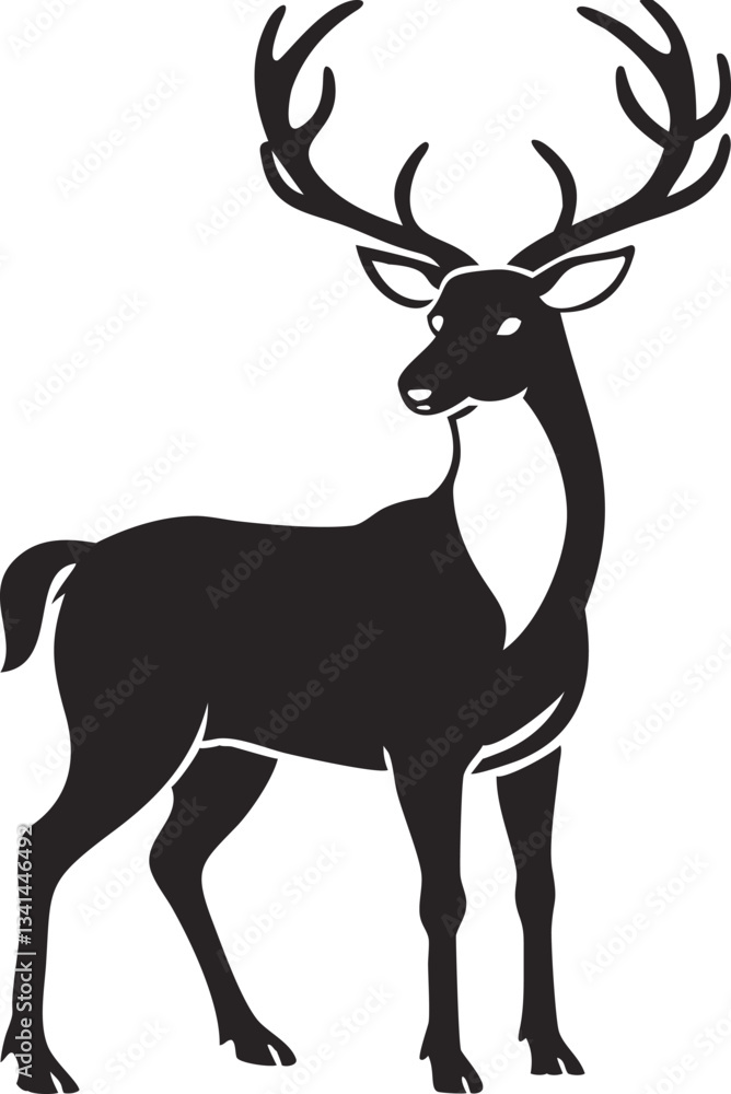 Stylized black silhouette of a majestic deer with large antlers, perfect for wildlife and nature-themed designs Stylized black silhouette of a majestic deer with large antlers, perfect for wildlife and nature-themed designs