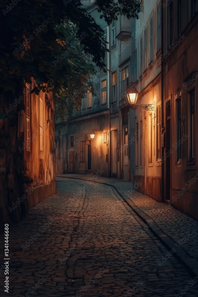 Cobblestone alley at night, dimly lit with warm streetlights, buildings flanking the path. Cobblestone alley at night, dimly lit with warm streetlights, buildings flanking the path.