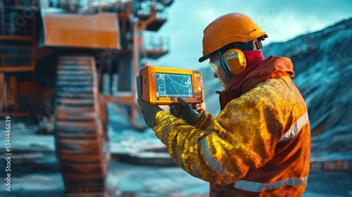 Industrial technician inspecting equipment with thermal scanner at construction site