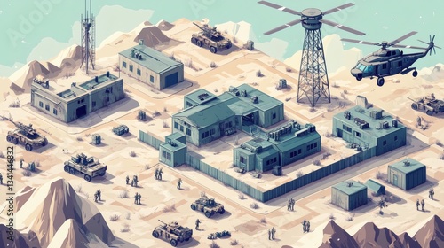 Military base isometric illustration in desert landscape with soldiers, vehicles, and communication tower.