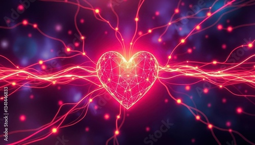 Abstract glowing heart, interconnected lines, energy flow, cosmic design, pattern, style