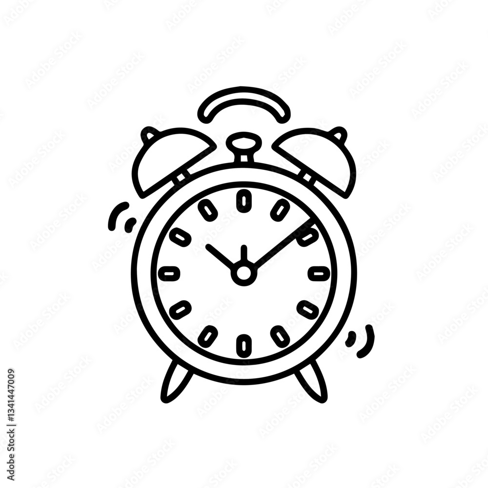 Black and white line art of a ringing alarm clock with two bells on top. The clock hands indicate time, and motion lines emphasize the ringing effect. Black and white line art of a ringing alarm clock with two bells on top. The clock hands indicate time, and motion lines emphasize the ringing effect.