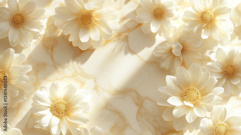 White Flowers on Beige Marble Background with Sunlight White Flowers on Beige Marble Background with Sunlight