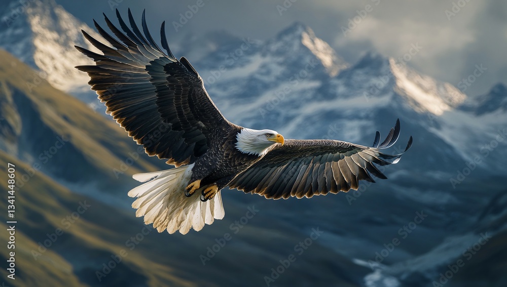 Fototapeta premium Bald eagle soaring gracefully against a mountain