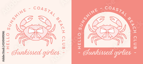Sunkissed girl girlies summer coastal beach club pink aesthetic sun quotes hello sunshine funny shirt design. Coquette preppy retro vintage crab bow ocean girly theme printable badge poster print.