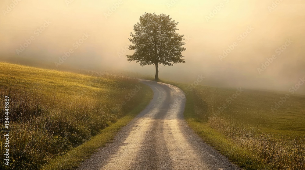 Fototapeta premium A misty morning road with a single tree in the middle, sunbeams breaking through the fog