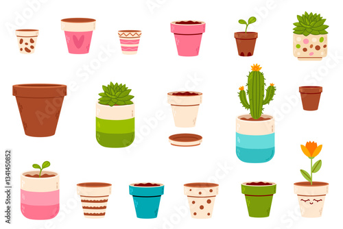 A collection of various decorative and clay flower pots, some empty and others with plants, succulents, or cacti. Perfect for gardening, botany, and home decor projects.