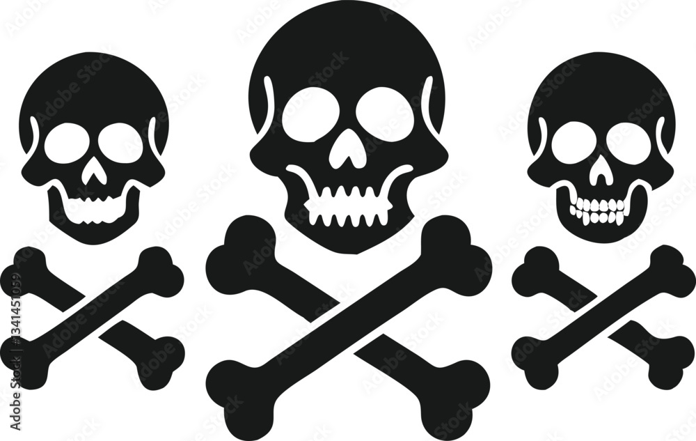 Simple, bold graphic of three skull and crossbones symbols against a plain white background. Simple, bold graphic of three skull and crossbones symbols against a plain white background.