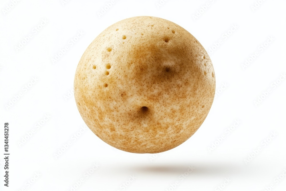 Fototapeta premium A single, unpeeled potato with speckled skin and eyeholes, isolated on white background.