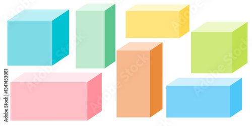 3 D Shapes, rectangular prism, cuboid, vector illustrations